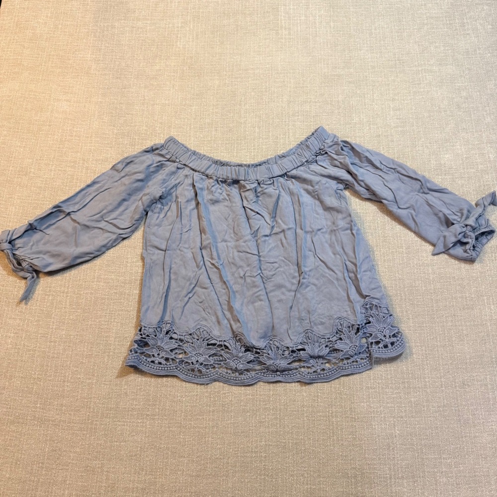 Living Doll Off The Shoulder Top Size L Blue Crochet Lace Hem Boho Y2K